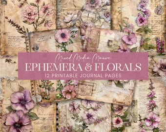 Mauve Ephemera and Florals Journal Pages, Pastel Pink Mixed Media Letters Scrapbook Paper, Vintage Lace Parchment Stamps Diary Backgrounds