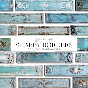May include: Twenty blue painted shabby chic borders with ornate details. These digital clipart images are perfect for adding a vintage touch to your crafts and designs.