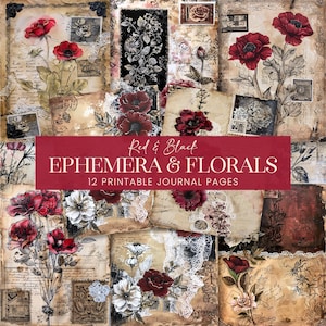 Páginas de diario con efímeras rojas y flores, papel de álbum de recortes con letras mixtas en blanco y negro, sellos de pergamino con encaje vintage y fondos de diario.
