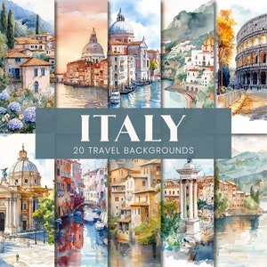 Sfondi Italia, pagine di diario di viaggio stampabili con acquerello di Venezia, scene di paesaggi di campagna di villaggi italiani, carte per album digitali