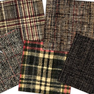 May include: Five different fabric swatches in various shades of brown, black, and cream. The fabrics have different textures, including plaid, tweed, and herringbone.