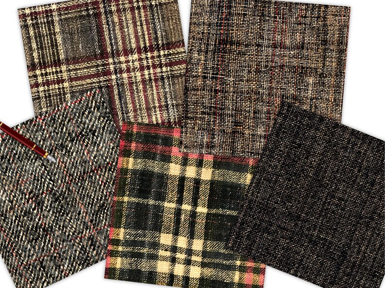 May include: Five different fabric swatches in various shades of brown, black, and cream. The fabrics have different textures, including plaid, tweed, and herringbone.