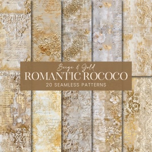 Patrones sin fisuras rococó de oro beige, Papel de álbum de recortes imprimible de yeso de estuco grunge de lujo, Páginas de diario de textura romántica de encaje italiano antiguo