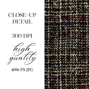 May include: Close-up of a black, white, and red plaid fabric texture. The fabric has a woven appearance with a subtle sheen.