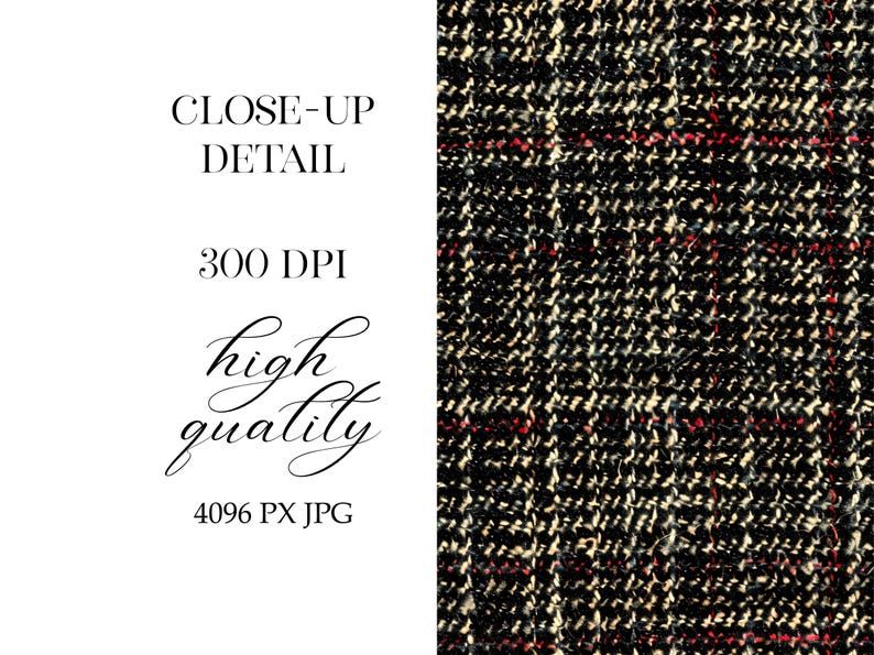May include: Close-up of a black, white, and red plaid fabric texture. The fabric has a woven appearance with a subtle sheen.