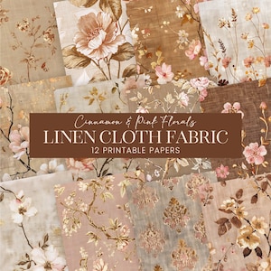Zimtblumenmuster Stoff Scrapbook Papiere, Chinoiserie Rosa Gold Leinwand Journal Seiten, Gefärbte Leinenhintergründe, Botanische Druck Textilien