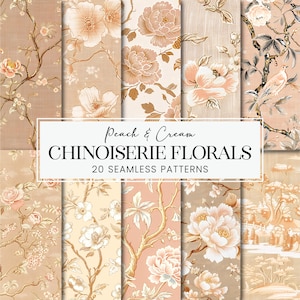 Chinoiserie bloemen naadloze patronen, pastel perzik toile plakboekpapier, blush crème Chinese Botanicals Afdrukbare stof kunst achtergronden