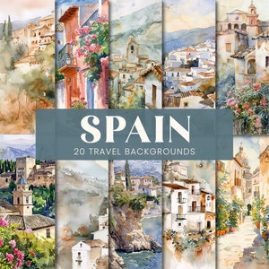 Spanje achtergronden, aquarel Espana afdrukbare reisdagboekpagina's, Spaanse straat platteland landschapsscènes digitaal plakboek