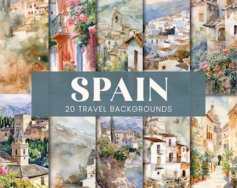 Spain Backgrounds, Watercolor Espana Printable Travel Journal Pages, Spanish Street Countryside Landscape Scenes Digital Scrapbook Papers