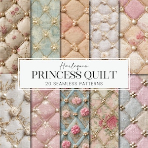May include: A collection of 20 seamless patterns with a quilted design. The patterns feature various pastel colors, including pink, blue, and beige, with pearl and floral accents. The text "Harlequin PRINCESS QUILT" is displayed.