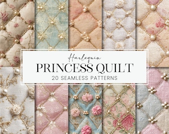 Princess Quilt Seamless Patterns, Harlequin Fabric Scrapbook Papers, Peach Pink Cream Pearls Printable POD Digital Backgrounds