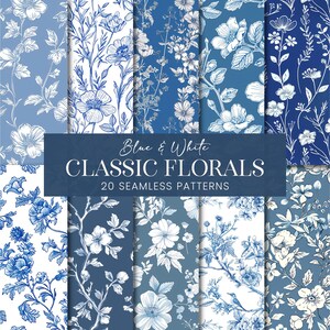 Klassieke vintage naadloze bloemenpatronen, blauw en wit botanisch plakboek, minimale chinoiserietakken afdrukbare achtergronden