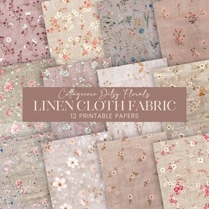 May include: A set of 12 digital papers featuring a cottagecore aesthetic with delicate floral patterns in shades of pink, white, and green on a linen background. The papers are perfect for crafting, scrapbooking, and digital design projects.  "Cottagecore Ditsy Florals Linen Cloth Fabric 12 Printable Papers"