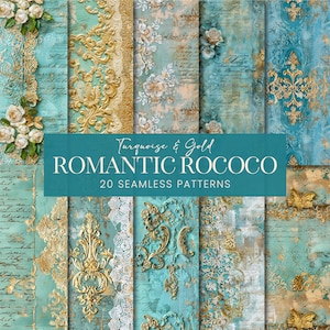 May include: A set of 20 seamless digital paper patterns featuring a romantic rococo style with turquoise and gold colors. The patterns include ornate designs, floral motifs, and vintage script.
