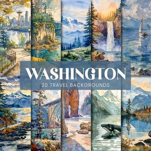 May include: A collage of 20 watercolor paintings depicting scenic landscapes of Washington state. The images include mountains, forests, rivers, waterfalls, bridges, and cityscapes. The title "WASHINGTON 20 TRAVEL BACKGROUNDS" is displayed at the top of the collage.