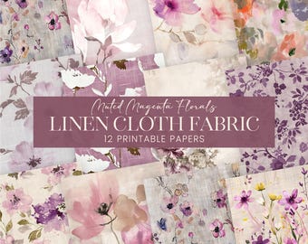 Muted Magenta Floral Fabric Scrapbook Papers, Pastel Botanical Journal Pages, Printed Linen Cloth Backgrounds, Printable Decoupage Textiles