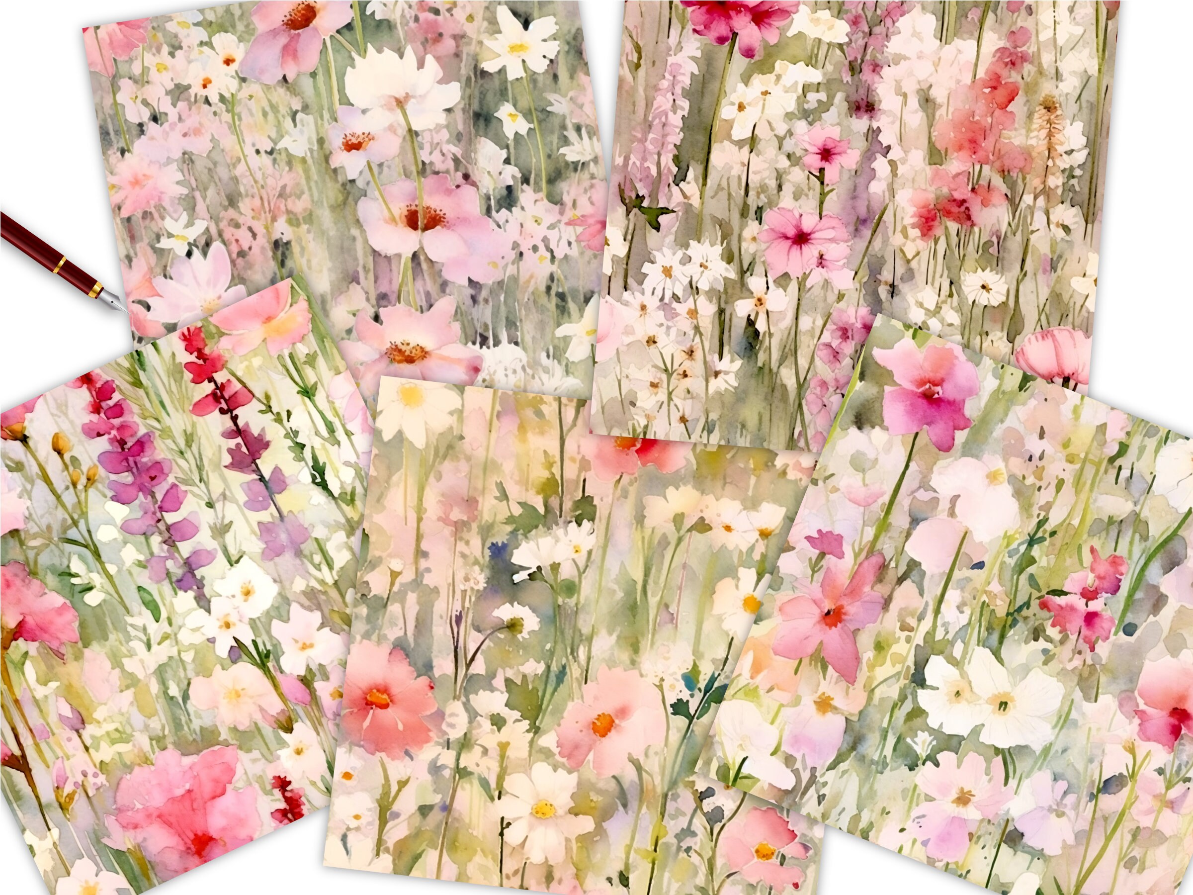 Pastel Pink Floral Seamless Patterns, Soft Blush Watercolor Flowers ...