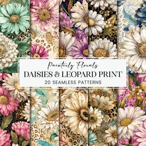 Madeliefjes op naadloze patronen met luipaardprint, geïllustreerde kristalgouden bloemen plakboekpapier, geschilderde botanische planten afdrukbare POD-achtergronden