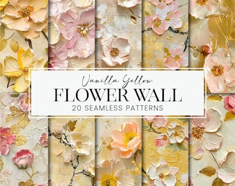 Yellow Flower Wall Seamless Patterns, Vanilla Cream Painted Florals Scrapbook Papers, Pastel Pink Ivory Botanical Printable Backgrounds