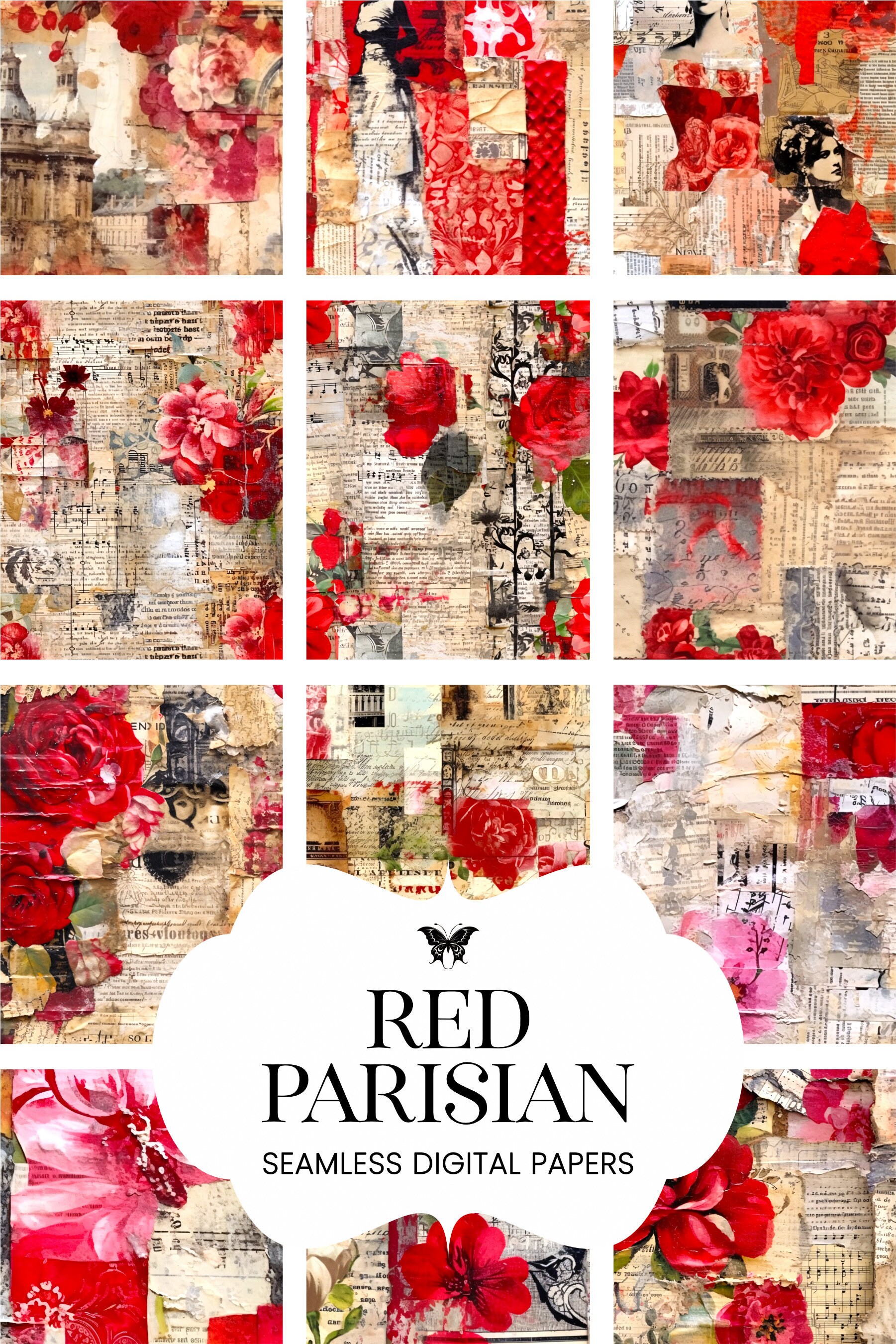 Red Paris Collage Seamless Patterns, Scarlet Distressed French Junk ...