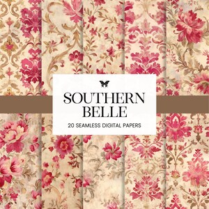 May include: A set of 20 digital papers featuring a vintage floral pattern with pink and brown flowers on a cream background. The papers are seamless and can be used for scrapbooking, card making, and other craft projects. The text "Southern Belle" and "20 Seamless Digital Papers" is displayed on the image.