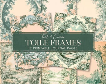 Teal Cream Toile De Jouy Frames Journal Pages, Antique French Village Life Botanical Scrapbook Backgrounds, Vintage Scenes Writing Papers
