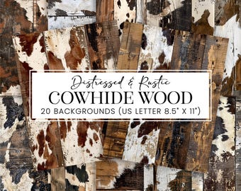 Cowhide Print Barn Wood Backgrounds, Rustic Western Decor US Letter Size Pages (JPG + PDF)