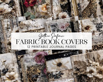 Gothic Safari Linen Journal Book Covers, Leopard Print Dyed Muslin Scrapbook Paper, Hand Stitched Printable Fabric Embroidered Lace Pages