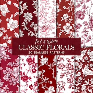 Puede incluir: Una colección de 20 patrones florales sin costuras en rojo y blanco. Los diseños presentan varias ilustraciones botánicas, incluyendo flores y follaje, sobre fondos sólidos y estampados. Se muestra el texto "Red & White CLASSIC FLORALS".