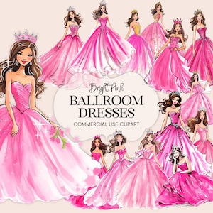 Clipart di abiti da ballo rosa, abito Quinceanera ad acquerello brillante, grafica per biglietti d'invito per feste per ragazze rosa caldo, arte del pianificatore di collage di diario
