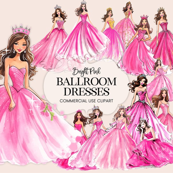 Pink Ballroom Gowns Clipart, Bright Watercolor Quinceanera Dress, Hot Pink Girl Party Invitation Card Graphics, Journal Collage Planner Art