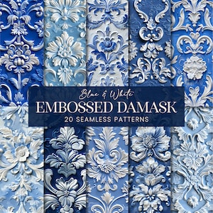 Patrones de damasco en relieve sin costuras, elegante papel floral en relieve azul y blanco para álbumes de recortes, fondos imprimibles de boda con bajorrelieve de estilo francés.