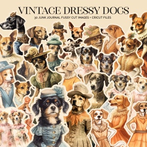Vintage honden in jurken ongewenste dagboekafbeeldingen, kieskeurige gesneden Victoriaanse huisdieren stickers, antieke hoektanden scrapbook collage, afdrukbare PDF, Cricut PNG