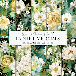 Puede incluir: Un conjunto de 20 patrones de papel digital sin costuras con diseños florales de acuarela en tonos de verde, dorado y blanco. Los patrones son perfectos para crear invitaciones, tarjetas, páginas de álbum de recortes y otros proyectos de manualidades.