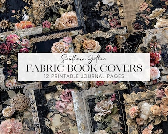 Southern Gothic Linen Fabric Book Covers, Dark Floral Dyed Muslin Scrapbook Paper, Hand Stitched Printable Embroidered Linen Lace Pages