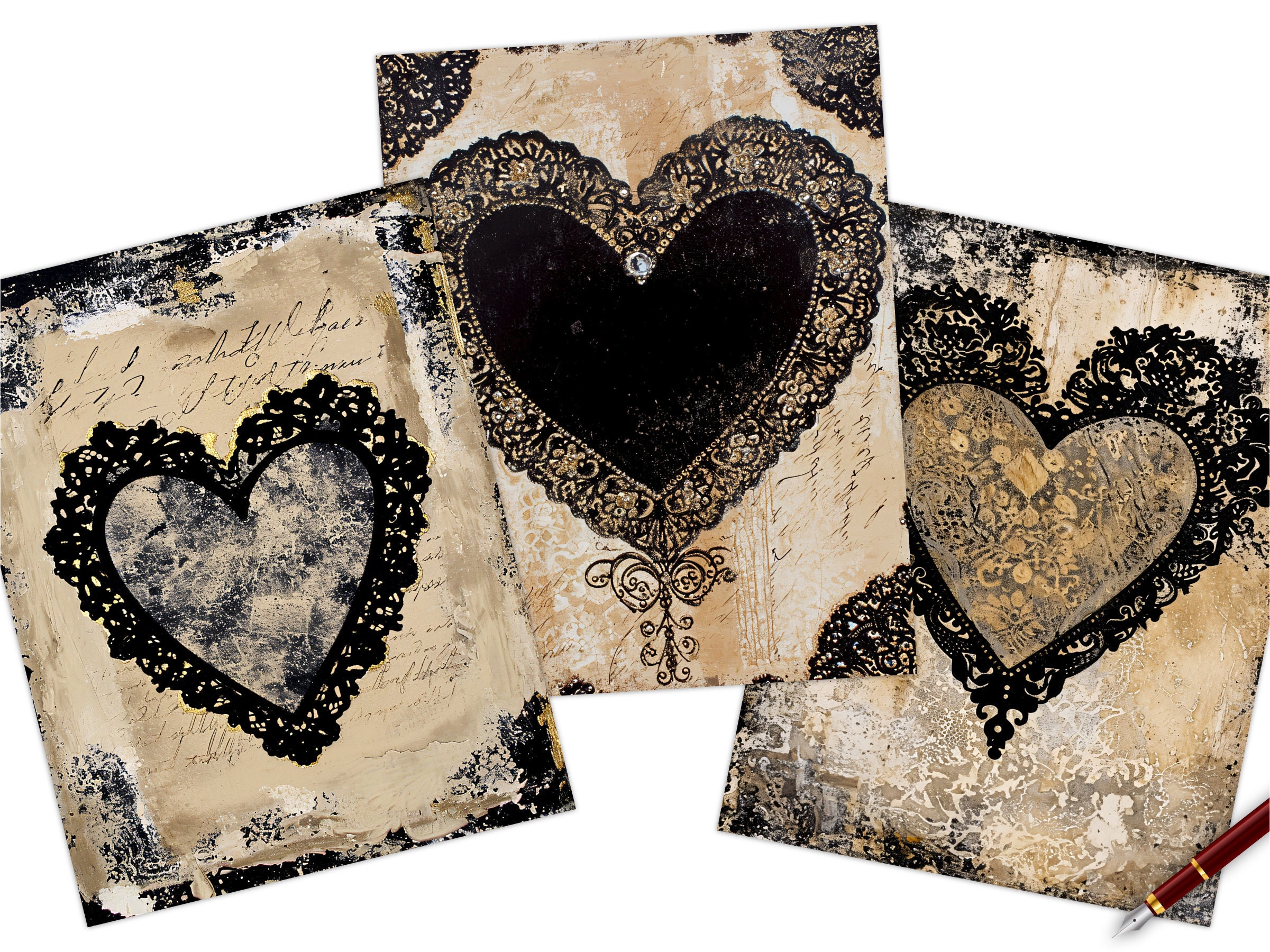 Black Lace Hearts Junk Journal Pages, Vintage Valentine's Day Digital ...