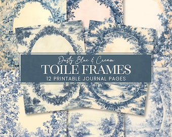 Dusty Blue Cream Toile De Jouy Frames Journal Pages, Vintage French Vista Botanical Scrapbook Backgrounds, Antique Scenes Writing Papers