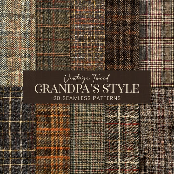 Vintage Tweed Seamless Patterns, Grandfather Clothes Fabric Scrapbook Papers, Grandpacore Antique Twill Herringbone Printable Backgrounds