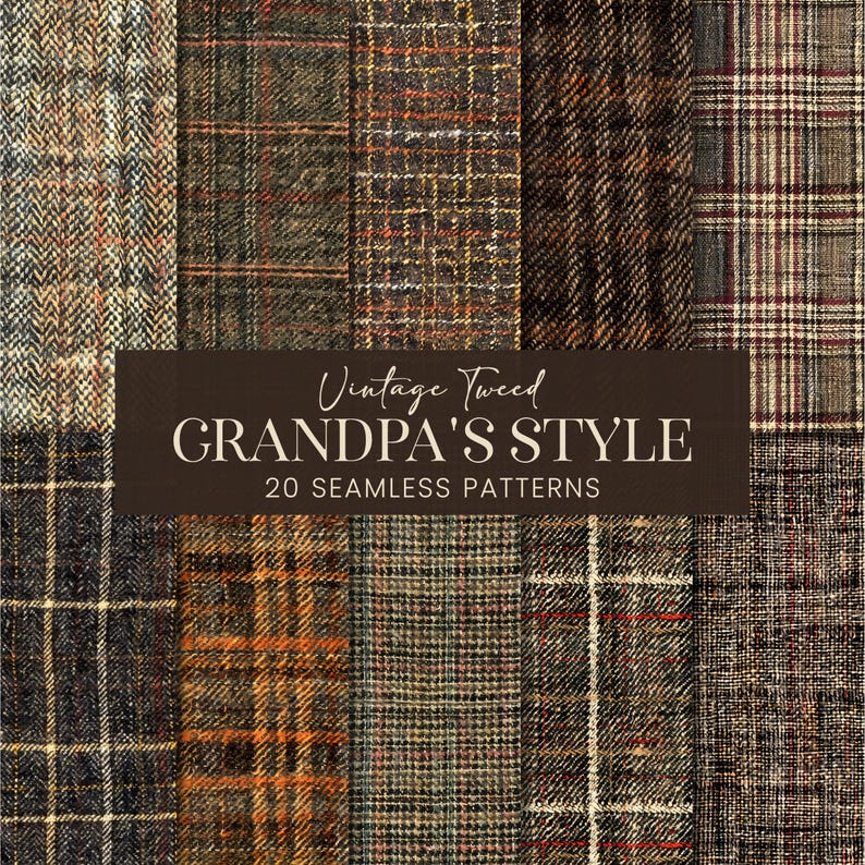 May include: A set of 20 seamless patterns featuring vintage tweed designs in various shades of brown, beige, and black. The patterns are perfect for creating fabric, wallpaper, or digital designs.