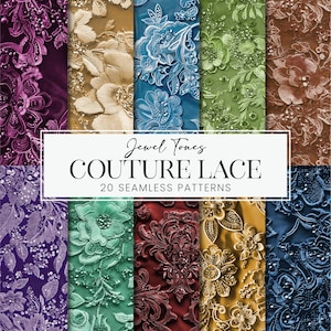 May include: A selection of 20 seamless couture lace patterns in jewel tones. The image presents diverse colours, such as purple, gold, blue, green, and red, each with detailed floral designs. The text reads "Jewel Tones Couture Lace".