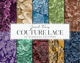 Couture Lace Seamless Patterns, Luxury Jewel Tone Floral Mesh Fabric Texture Scrapbook Paper, Glam Sequins Printable Backgrounds