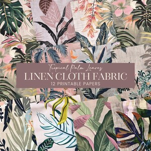 Papel de álbum de recortes de tela con hojas de palmeras tropicales, páginas de diario con follaje de la jungla, fondos de tela de lino con árboles de playa, textiles para decoupage e impresión