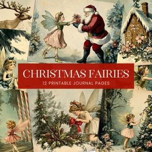 Pagine di diario vintage con fate di Natale, carte per scrapbooking con neve invernale, sfondi artistici e artigianali stampabili con fate di favole antiche
