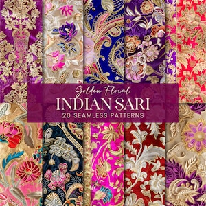Sari Brokat Musterdesigns, luxuriösen indischen Blumenstoff Textur Scrapbook Papiere, goldenen botanischen Damast Digital druckbare Hintergründe