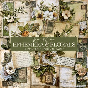 Páginas de diario con efímeras y flores en verde musgo, papel de álbum de recortes con motivos botánicos de primavera, fondos de diario con pergamino de encaje vintage en color salvia