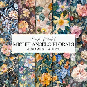Motivi floreali senza soluzione di continuità di Michelangelo, carta per album di ritagli con fiori dipinti antichi, sfondo stampabile con stampa a sublimazione Great Artist Botanicals