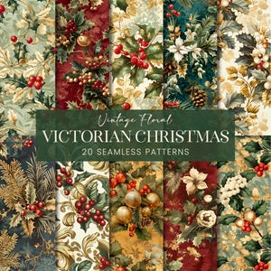 Motifs sans couture de fleurs de Noël victoriennes, papier de scrapbooking botaniques de vacances vintage, fond imprimable de baies de houx d'hiver antique