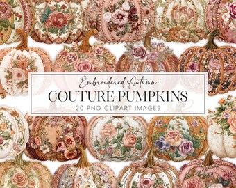 Embroidered Fall Pumpkins Clipart PNG, Autumn Stitched Couture Fabric Gourds, Blush Peach Jeweled Pumpkin Journal Page Scrapbooking Decor