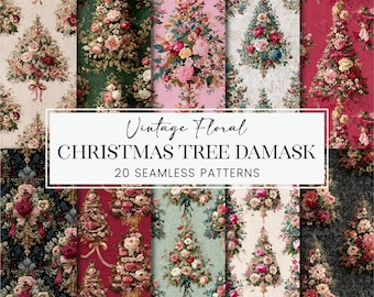 Christmas Tree Damask Seamless Patterns, Vintage Holiday Fabric Scrapbook Papers, Floral Printable POD Digital Journal Backgrounds