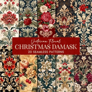 Victoriaanse kerstdamast naadloze patronen, vintage vakantie bloemen plakboekpapier, hulstbessen antieke botanische afdrukbare achtergronden